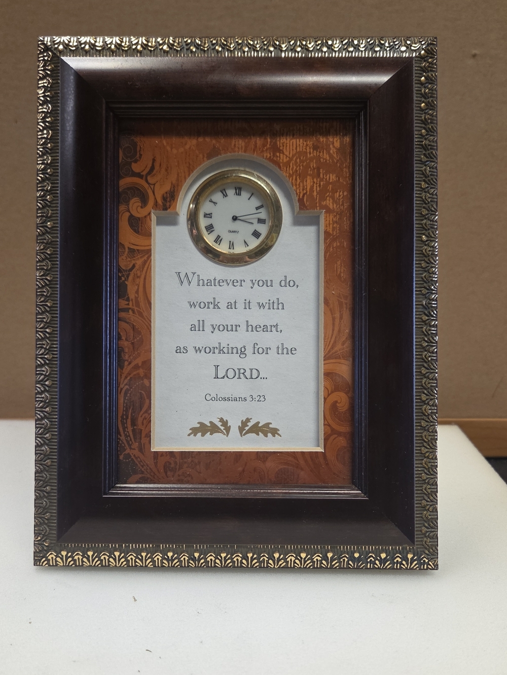 Heartfelt Table Top Clock Framed Scripture COLOSSIANS 3:23